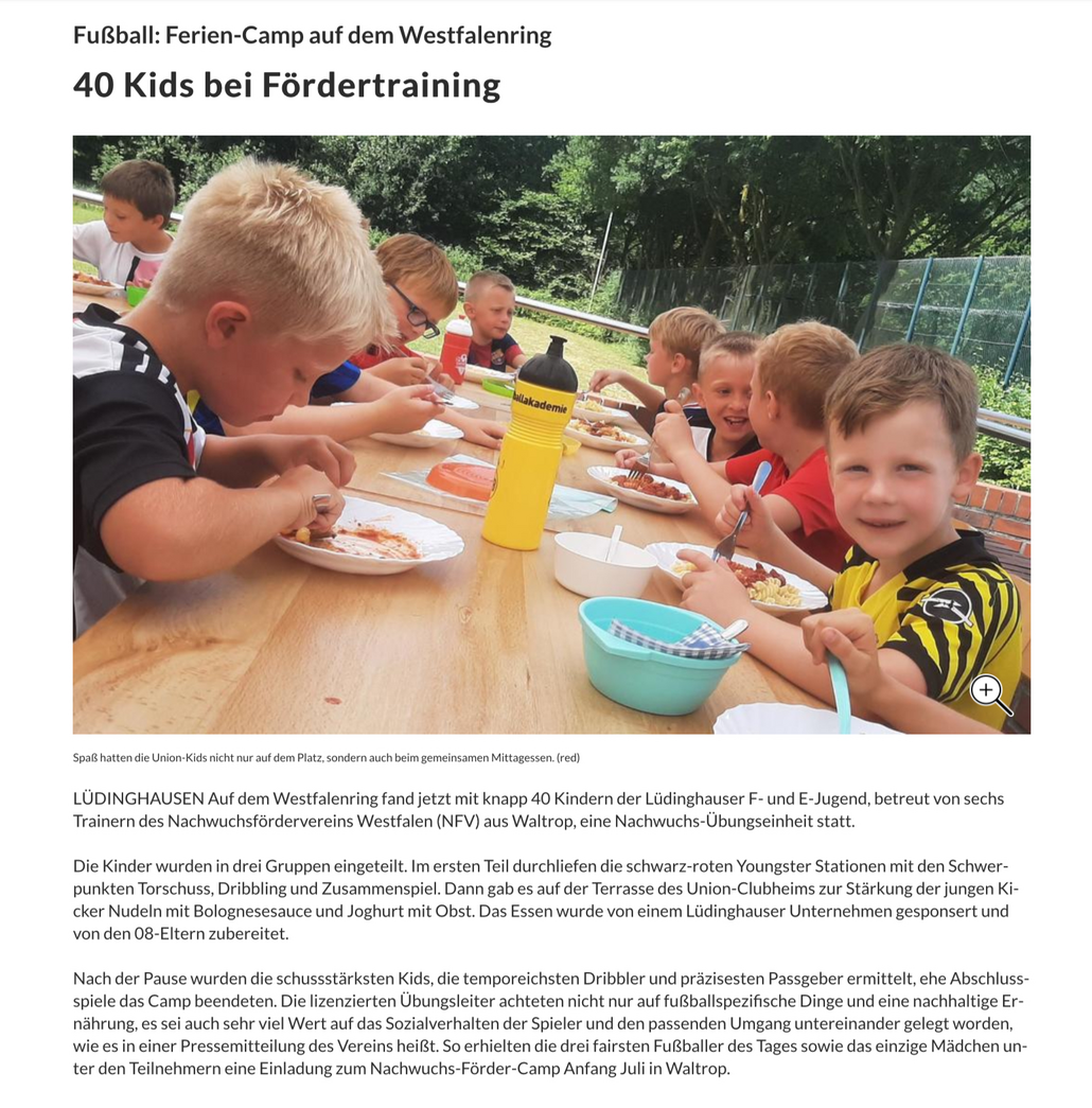 Westfälische Nachrichten 06.07.2022 | Trainingscamp auf dem Westfalenring.40 Kids bei Fördertraining